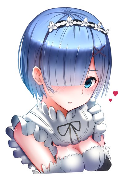 Anime picture 623x864 with re:zero kara hajimeru isekai seikatsu white fox rem (re:zero) ginhaha single tall image looking at viewer blush fringe short hair breasts blue eyes simple background white background blue hair upper body blunt bangs from above hair over one eye maid
