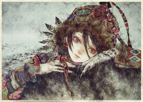 Anime picture 1259x900 with original yogisya single black hair border reclining multicolored eyes girl fur hood feather (feathers)