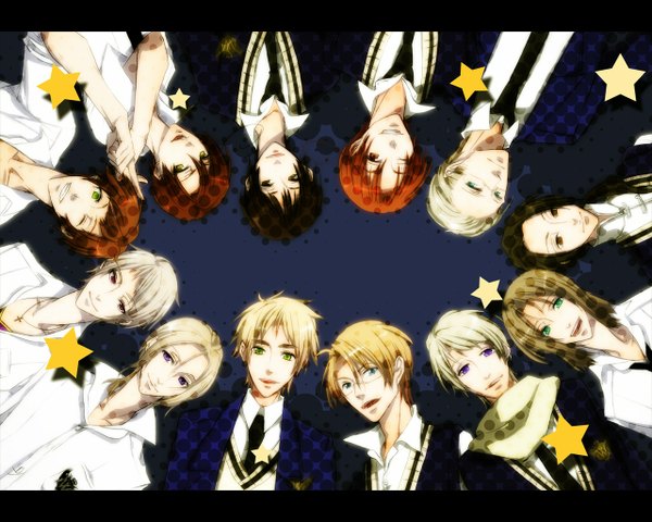 Anime picture 1280x1024 with axis powers hetalia studio deen united kingdom (hetalia) japan (hetalia) america (hetalia) russia (hetalia) prussia (hetalia) china (hetalia) germany (hetalia) north italy (hetalia) france (hetalia) spain (hetalia) lieben short hair blue eyes black hair simple background blonde hair smile red eyes