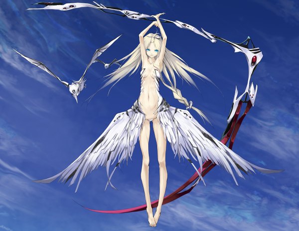 Anime picture 1294x1000 with original solru (tyappygain) long hair blue eyes light erotic cloud (clouds) white hair midriff girl navel weapon animal wings bird (birds) scythe