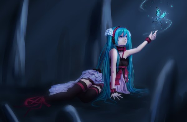 Anime picture 2592x1700 with 7th dragon vocaloid hatsune miku caeruleus single long hair fringe highres blue eyes twintails bare shoulders blue hair looking away arm support zettai ryouiki outstretched arm glow girl thighhighs black thighhighs