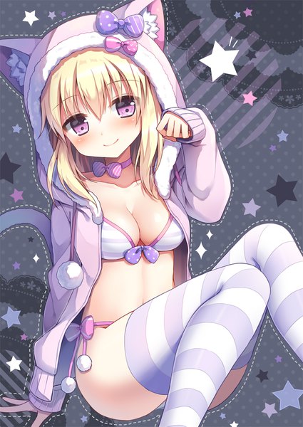 Anime picture 722x1020 with original mauve single long hair tall image blush fringe breasts light erotic blonde hair hair between eyes purple eyes light smile paw pose dotted line girl thighhighs ribbon (ribbons) choker lingerie