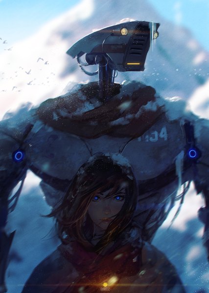 Anime picture 900x1265 with guweiz long hair tall image looking at viewer blue eyes black hair lips snow girl animal scarf bird (birds) robot