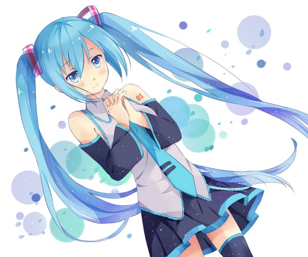 Anime picture 1200x1000 with vocaloid hatsune miku fei miao single looking at viewer blush twintails bare shoulders very long hair aqua eyes aqua hair girl thighhighs skirt detached sleeves necktie