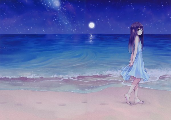 Anime picture 4276x3021 with original kazuharu kina single long hair blush highres blue eyes absurdres purple hair barefoot night girl water sea moon star (stars) sundress