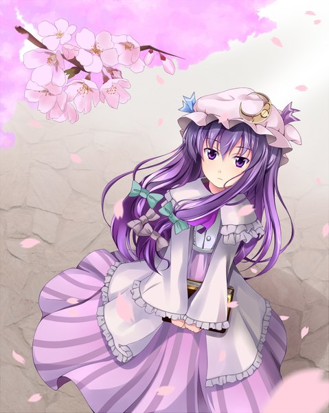 Anime picture 1497x1875 with touhou patchouli knowledge qiuzhi huiyi single long hair tall image purple eyes purple hair cherry blossoms girl dress bow hair bow petals bonnet