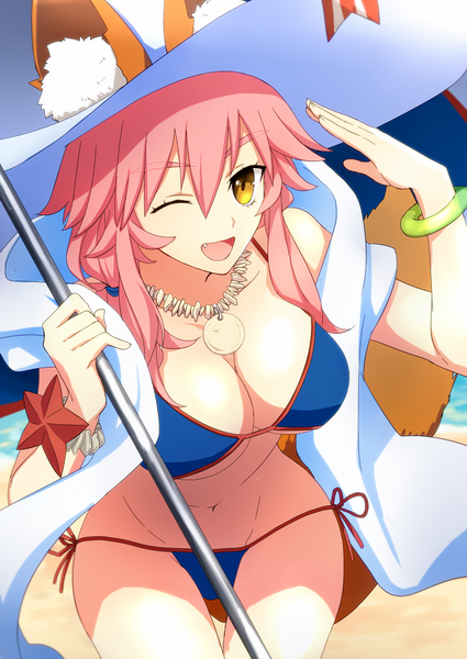 Anime picture 700x988 with fate (series) fate/grand order fate/extra tamamo (fate) (all) tamamo no mae (swimsuit lancer) (fate) satou (fujisanjj-mesigaumaize) single long hair tall image looking at viewer fringe breasts open mouth light erotic hair between eyes large breasts bare shoulders holding animal ears yellow eyes