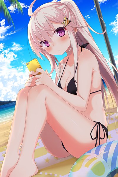 Anime picture 684x1024 with sachiiro hanamizuki mizuki sasahara sasahara wakaba single tall image looking at viewer blush fringe breasts light erotic blonde hair hair between eyes sitting purple eyes holding payot sky cloud (clouds) ahoge bent knee (knees)