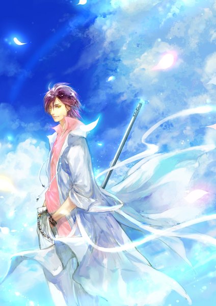 Anime picture 945x1337 with kei shu (artist) single tall image looking at viewer smile standing yellow eyes sky purple hair cloud (clouds) wind open clothes open jacket hand in pocket boy shirt jacket bracelet pants