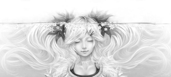 Anime picture 4425x2000 with vocaloid hatsune miku bouno satoshi single long hair highres wide image white hair eyes closed very long hair realistic monochrome underwater girl dress flower (flowers) bow hair bow water