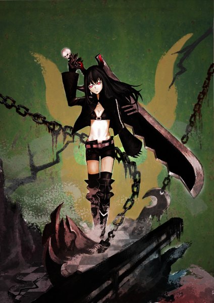 Anime picture 2480x3507 with black rock shooter black gold saw long hair tall image looking at viewer highres black hair red eyes horn (horns) demon girl girl weapon sword shorts chain bikini top skull huge weapon