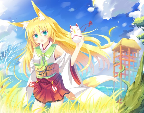 Anime picture 1500x1178 with original nibiiro shizuka single long hair looking at viewer blush open mouth blue eyes blonde hair animal ears sky cloud (clouds) tail animal tail wind fox ears fox tail fox girl girl plant (plants)