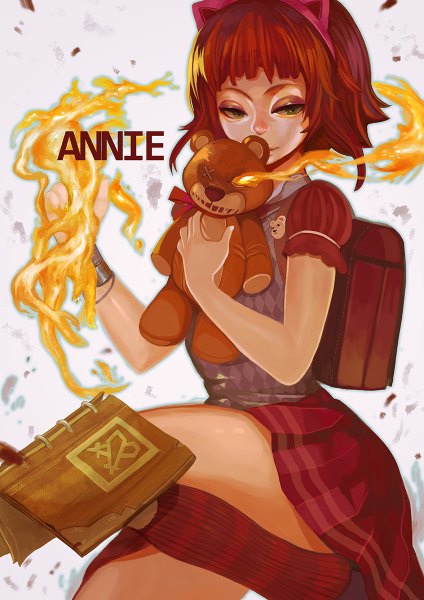Anime picture 848x1200 with league of legends annie (league of legends) tibbers (league of legends) canking single tall image short hair green eyes red hair girl dress book (books) toy stuffed animal teddy bear flame