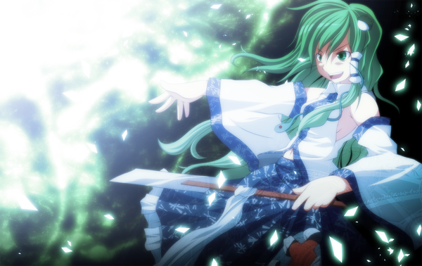Anime picture 1900x1200 with touhou kochiya sanae s-syogo single long hair highres open mouth green eyes green hair girl detached sleeves hair tubes snake frog