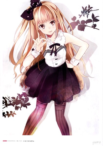 Anime picture 3000x4269 with original hatsuko single long hair tall image looking at viewer highres blonde hair standing bare shoulders brown eyes shadow hand on hip pointing girl thighhighs dress bow plant (plants) hair bow