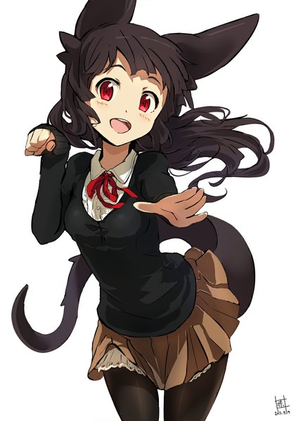 Anime picture 826x1168 with original akaitera single long hair tall image looking at viewer fringe open mouth black hair simple background smile red eyes white background signed animal ears tail animal tail pleated skirt outstretched arm girl