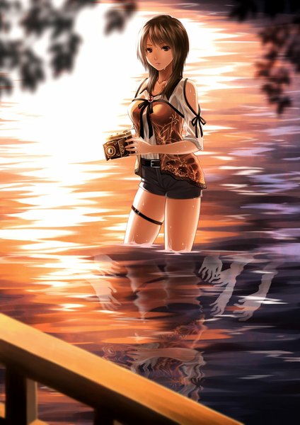 Anime picture 707x1000 with fatal frame fatal frame 5 akisaki rio single long hair tall image looking at viewer brown hair brown eyes wet clothes girl water shorts camera