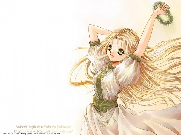 Anime picture 1152x864 with tagme (copyright) long hair simple background blonde hair white background green eyes morning soft beauty stretch girl dress wreath