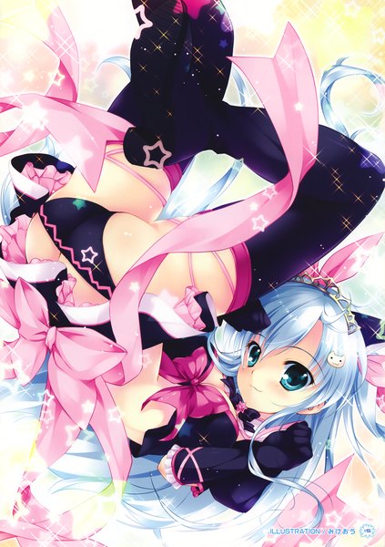 Anime picture 2255x3200 with yume koi hoshizaki mei mikeou single long hair tall image looking at viewer blush highres blue eyes light erotic smile twintails blue hair absurdres ass sparkle magical girl girl thighhighs