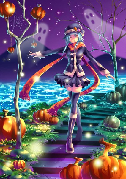 Anime picture 905x1280 with original tidsean single tall image looking at viewer short hair yellow eyes blue hair halloween ghost river girl thighhighs skirt black thighhighs plant (plants) tree (trees) water boots scarf