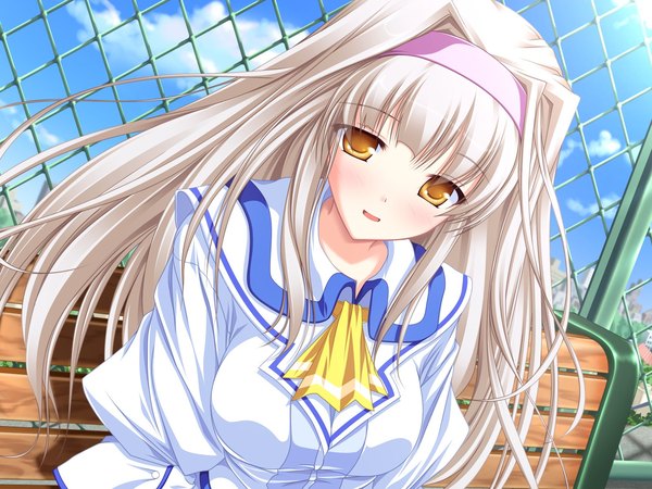 Anime picture 1600x1200 with inakoi kuujou hina tenmaso single long hair looking at viewer blush open mouth blonde hair yellow eyes upper body outdoors girl headband fence bench chain-link fence