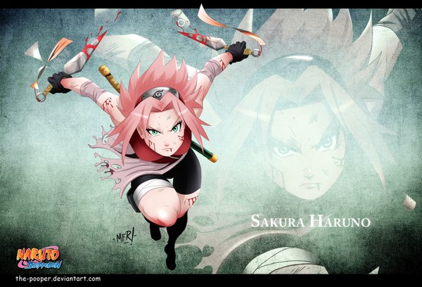 Anime picture 1560x1063 with naruto studio pierrot naruto (series) haruno sakura the-pooper single short hair green eyes pink hair inscription coloring torn clothes zoom layer angry girl gloves weapon blood bandage (bandages) bandana
