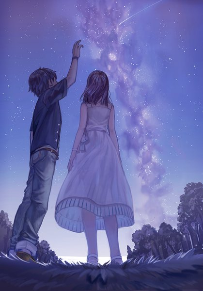 Anime picture 800x1146 with original sime (echo) tall image short hair black hair brown hair standing bare shoulders full body arm up wind from behind night from below short sleeves couple pointing shooting star milky way see-through silhouette