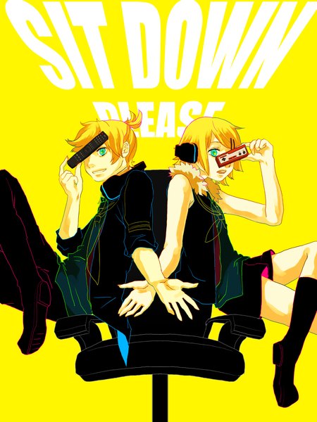 Anime picture 1425x1900 with vocaloid kagamine rin kagamine len ray (artist) tall image short hair blonde hair simple background sitting bare shoulders aqua eyes girl boy hair ornament necktie shorts hairclip headphones pants chair