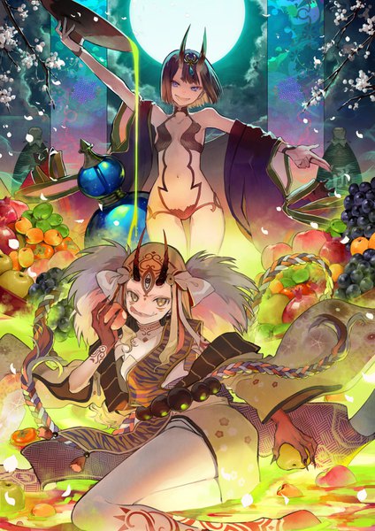 Anime picture 1061x1500 with fate (series) fate/grand order shuten douji (fate) ibaraki douji (fate) nosaki tsubasa long hair tall image looking at viewer short hair light erotic black hair standing twintails purple eyes multiple girls holding yellow eyes lying horn (horns) grey hair