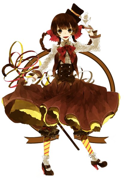 Anime picture 1000x1414 with original yukijirushi yukiko-tan yuuya (pixiv1797060) single long hair tall image looking at viewer open mouth simple background brown hair white background brown eyes girl gloves bow hair bow hat white gloves knickers