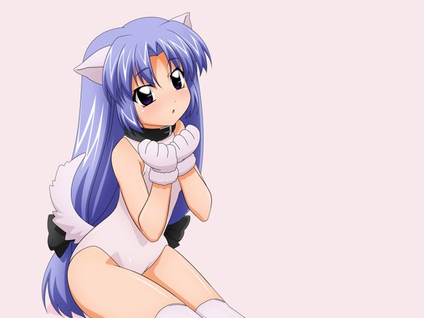Anime picture 1600x1200 with lost universe canal vorfeed wave ride single long hair fringe light erotic sitting purple eyes animal ears blue hair tail animal tail black eyes looking up hands clasped alternate hair color girl gloves swimsuit
