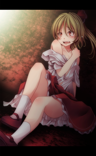 Anime picture 1000x1618 with touhou flandre scarlet s-syogo single tall image short hair open mouth light erotic blonde hair red eyes open clothes teeth fang (fangs) open shirt tears girl skirt socks white socks