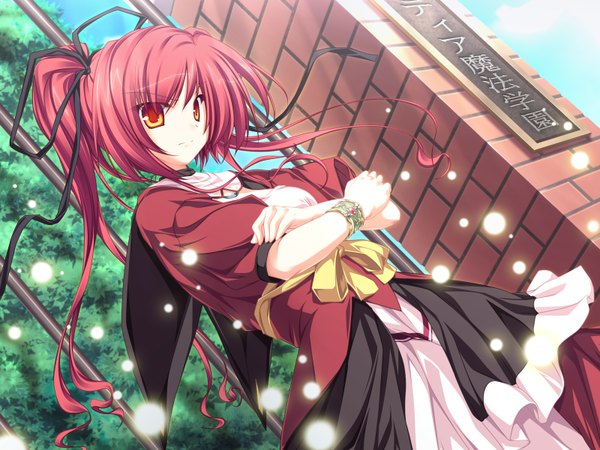 Anime picture 1600x1200 with magus tale whirlpool (studio) seera finis victoria tenmaso single long hair red eyes game cg ponytail red hair wind side ponytail crossed arms girl ribbon (ribbons) hair ribbon bracelet insect fireflies