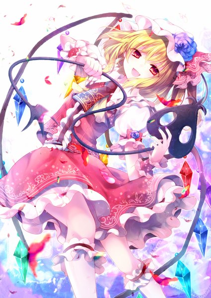Anime picture 700x988 with touhou flandre scarlet riichu single long hair tall image open mouth blonde hair smile red eyes ponytail traditional clothes :d girl weapon wings water frills wrist cuffs bonnet