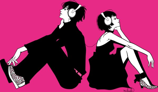 Anime picture 1961x1145 with original mihoshi (artist) highres short hair black hair simple background wide image sitting bare shoulders black eyes back to back girl dress boy shoes headphones