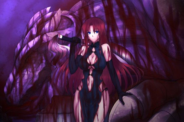 Anime picture 1509x1000 with touhou hong meiling long hair blue eyes red hair girl blood monster