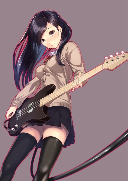 Anime picture 1476x2087 with original kagematsuri single long hair tall image looking at viewer blush black hair brown eyes girl thighhighs skirt black thighhighs guitar electric guitar