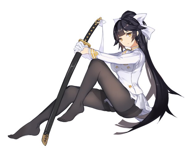 Anime picture 1300x1040 with azur lane takao (azur lane) ji yue single long hair looking at viewer fringe light erotic black hair simple background white background sitting holding yellow eyes full body ponytail blunt bangs long sleeves head tilt no shoes