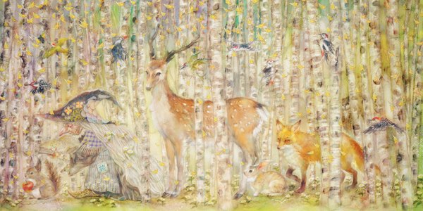 Anime picture 1500x750 with original yogisya single wide image holding horn (horns) wide sleeves long nose old woman hat animal tree (trees) bird (birds) book (books) leaf (leaves) witch hat forest bunny fox deer