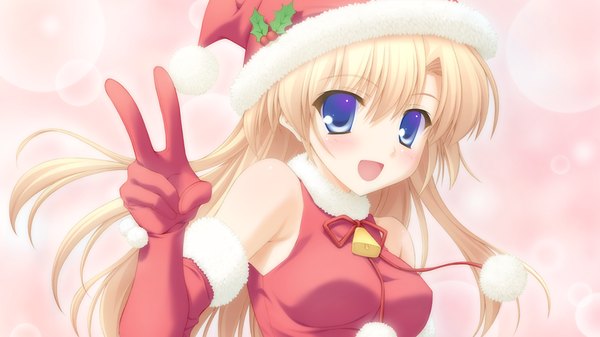 Anime picture 1200x675 with canvas 4 (game) long hair open mouth blue eyes blonde hair wide image game cg fur trim victory christmas girl fur santa claus hat santa claus costume
