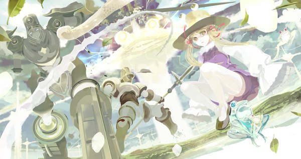 Anime picture 1998x1056 with touhou moriya suwako 119 long hair highres blonde hair wide image sky cloud (clouds) miko destruction explosion girl weapon hat armor leaf (leaves) cross helmet spear
