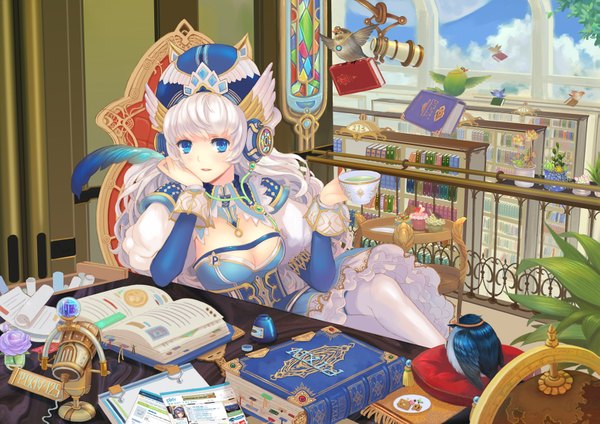 Anime picture 1579x1116 with original teddy yang single long hair blue eyes sky silver hair cloud (clouds) indoors head rest detailed girl flower (flowers) plant (plants) animal window sweets headphones bird (birds) book (books)