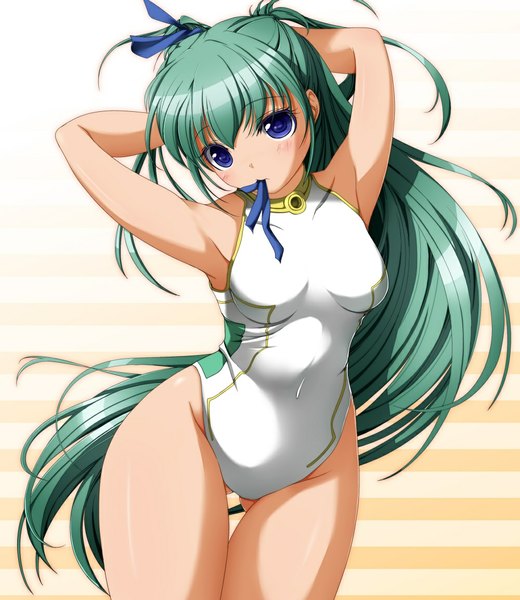 Anime picture 1000x1154 with aria alice carroll funiki kumi single long hair tall image blue eyes light erotic holding green hair two side up mouth hold girl swimsuit one-piece swimsuit
