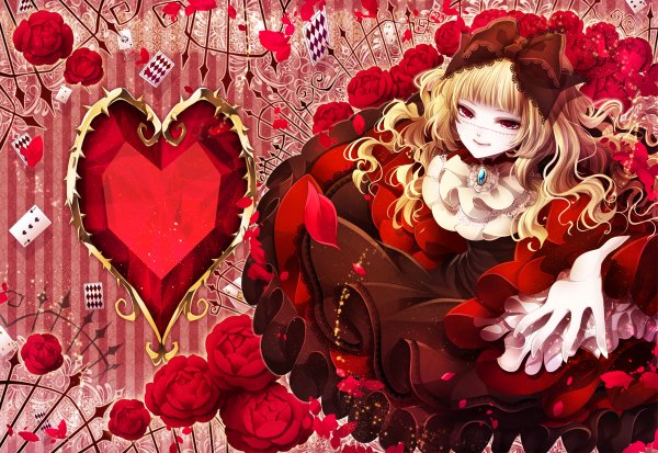 Anime picture 1200x826 with original rinko (mg54) single long hair looking at viewer fringe blonde hair red eyes wavy hair girl dress flower (flowers) bow hair bow petals rose (roses) card (cards)