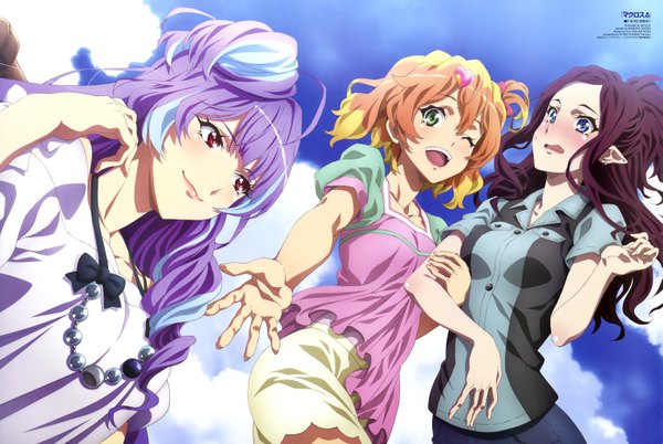 Anime picture 6105x4094 with macross macross delta freyja wion mikumo guynemer mirage farina jenius selece long hair blush highres short hair open mouth blue eyes red eyes multiple girls green eyes absurdres purple hair one eye closed multicolored hair pointy ears