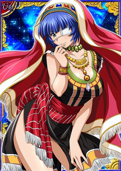 Anime picture 567x800 with ikkitousen ryomou shimei single tall image looking at viewer fringe short hair breasts light erotic large breasts green eyes blue hair ahoge traditional clothes japanese clothes mole sleeveless card (medium) mole under mouth girl