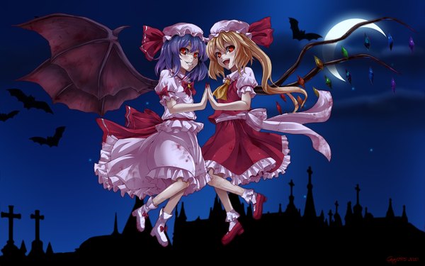 Anime picture 1920x1200 with touhou flandre scarlet remilia scarlet asu hare highres blonde hair red eyes wide image multiple girls purple hair night one side up holding hands bat wings crescent girl dress skirt 2 girls wings