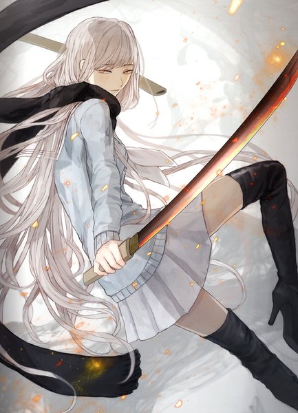 Anime picture 600x831 with original tamahagane gakuen touransai kumita single long hair tall image looking at viewer fringe holding white hair pleated skirt orange eyes high heels girl skirt uniform weapon miniskirt sword serafuku