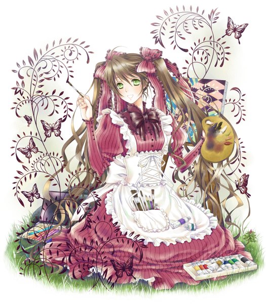 Anime picture 1447x1654 with oekaki musume (qpixiv) single tall image blush smile brown hair white background twintails green eyes very long hair girl dress ribbon (ribbons) bow insect butterfly paint palette easel paint tube