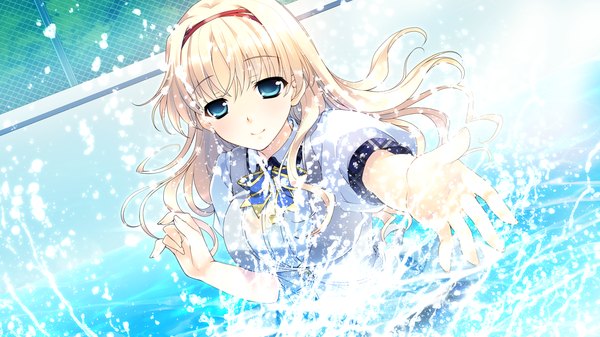 Anime picture 1280x720 with aete mushisuru kimi to no mirai tachibana minami riv single long hair looking at viewer fringe blue eyes blonde hair smile wide image game cg outstretched arm girl uniform school uniform water hairband